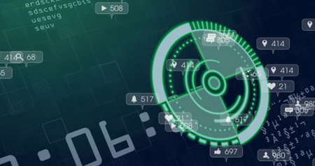 Rotating neon-green radar HUD scanning digital dashboard, with floating icon badges, copy space....