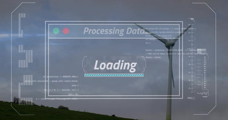 Displaying white wind turbine rising from hillside with HUD Processing Data Loading bar, copy space....