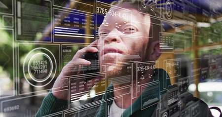Talking man in dark green sweater holding smartphone to ear at cafe window, with HUD overlays....