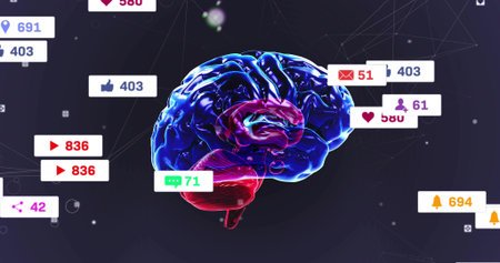 Floating 3D brain sending notification badges and counters in digital UI space, glowing nodes....