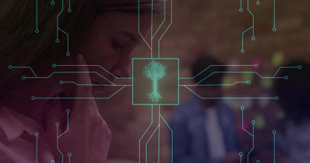 Holding hand to ear blouse-clad woman focusing at office with cyan circuit tree, copy space....