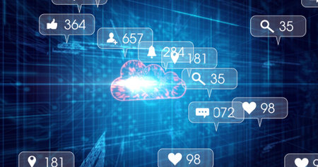 Glowing cloud icon emitting blue-pink burst in virtual grid, with notification bubbles and counters....