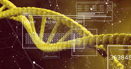 Displaying yellow double-helix across virtual genomics UI, showing numeric readouts and matrix....
