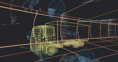 Showing neon wireframe truck cab and trailer floating in 3D data space with orange grid HUD....