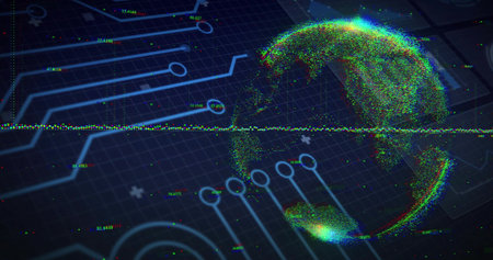 Rotating RGB point-cloud globe hovering on dark grid plane, showing circuit traces, labels. Neon,...
