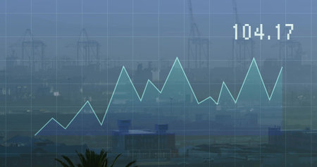 Displaying turquoise line chart with grid overlay across hazy port, showing 104.17, cranes....