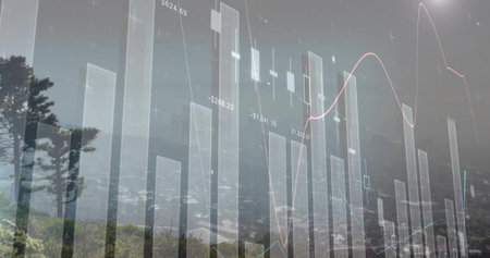 Overlaying transparent market chart over misty hillside with tall pine, showing bar and line charts....