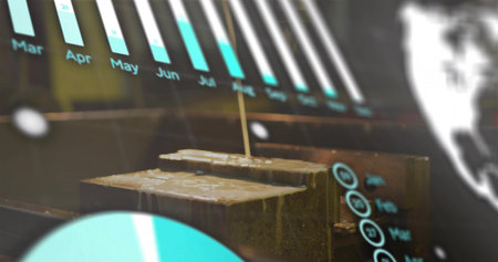 Pouring nozzle depositing molten liquid onto two metal blocks at workshop, with AR charts overlay....