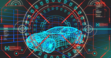 Showing neon wireframe car model rotating in HUD display, with red crosshair and data panels....