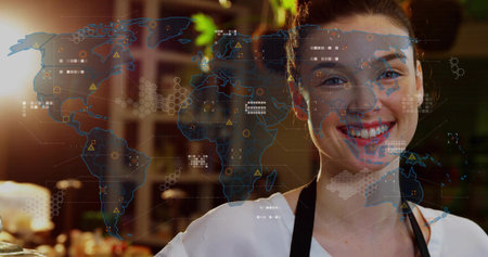 Smiling barista wearing dark apron serving behind cafe counter with digital map overlay, copy space....