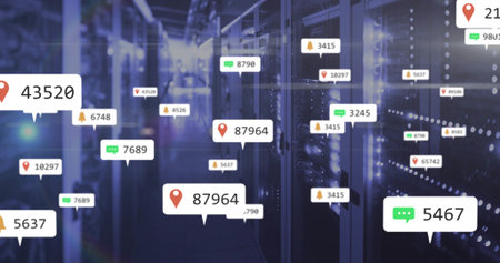 Displaying central server racks in data center aisle, with floating UI callouts and LEDs. Neon,...