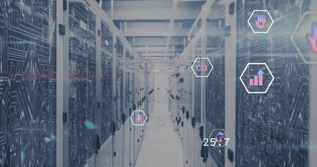 Displaying central server aisle running down data center corridor with racks, AR icons, temp 25.7....