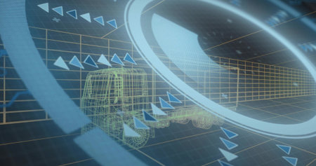 Moving 3D wireframe truck navigating virtual grid corridor, HUD rings and chevrons, copy space....