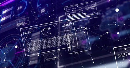 Displaying keyboard schematic and floating panels at blurred desk, with numeric data and node links....