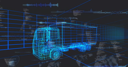 Rotating wireframe semi trailer truck moving through virtual grid tunnel, showing wheels, code. Freight, logistics, vehicle, simulation, analytics, neon, cyanの写真素材