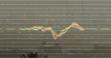 Displaying colorful waveform overlay across hazy roof skyline, showing numeric notes and neon grid....