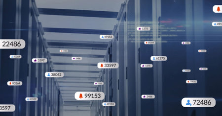 Glowing server racks displaying AR telemetry in data center corridor, with floating numeric badges....