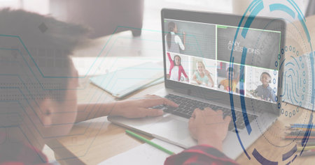 Typing child in red plaid leaning toward laptop at home desk, with fingerprint graphic, copy space....