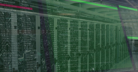 Displaying row of server racks lining data center aisle, with LED indicators and code overlay....