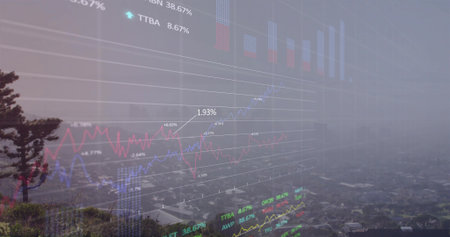 Showing market charts streaming over foggy skyline atop grassy hillside, lone tree, homes, % labels....