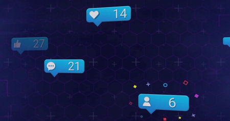 Floating cluster of blue notification bubbles with icons glowing over dark hex grid showing counts....