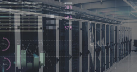 Showing server racks streaming HUD analytics in data center corridor, with LED status lights....
