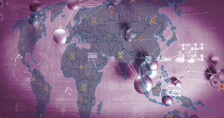 Showing global map overlay pulsing in digital infographic, with spheres, lines, markers. Globe,...