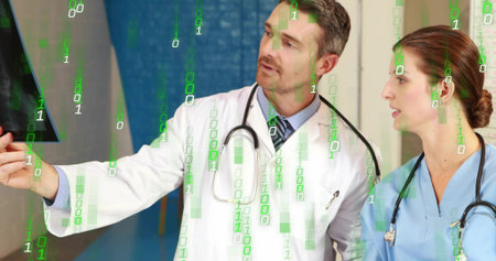 Pointing male physician in white lab coat explaining radiograph at clinic, with binary overlay....