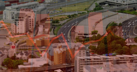 Showing aerial highway interchange curving through urban blocks, with translucent red line graph....
