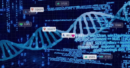 Stretching luminous cyan DNA helix graphic glowing across blue code grid, with notification badges....