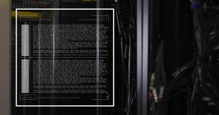 Displaying server rack and rails glowing in data center aisle, with HUD overlay and bundled cables....