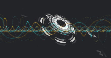 Displaying concentric ring HUD rotating in virtual dark space, with teal gold cyan waveforms....