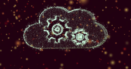 Glowing particle-formed cloud holding two gears while pulsing in digital space, with warm bokeh....