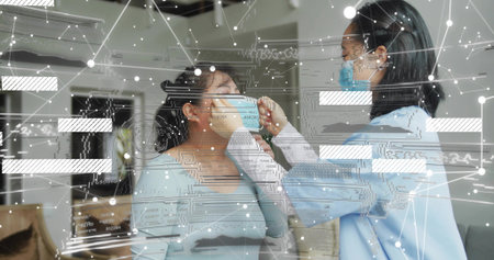 Adjusting male nurse in scrubs fastening surgical mask on female patient in clinic, digital overlay....