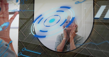 Examining senior woman touching cheeks in washroom mirror, wearing light top with HUD overlay....