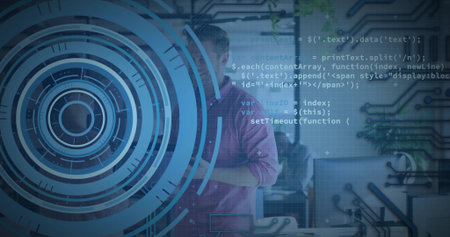 Standing man wearing pink button-up shirt crossing arms in office with HUD graphic, code overlays....
