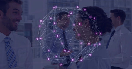 Networking team wearing ties, blouses, holding coffee, checking tablet in office, holographic globe....