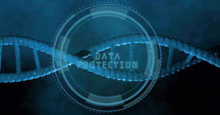 Displaying glowing DNA helix running across frame in digital lab, with HUD DATA PROTECTION....