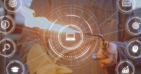 Interacting person wearing coat holding smartphone in warm-lit room, tapping AR HUD and badges. Augmented, reality, device, interface, icons, lensflare, warmthの写真素材