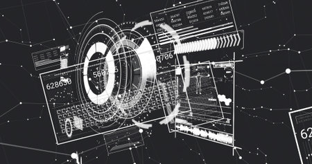 Displaying concentric HUD rings and layered data panels in digital space, showing keyboard grid....