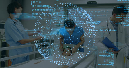 Bagging child with bag mask on ICU bed, staff in scrubs, labcoat holding clipboard projecting globe....