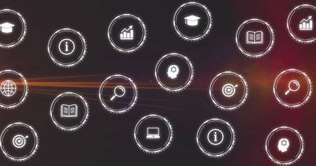 Displaying floating HUD icons glowing in dark UI with dotted rings, orange flare, chart. Dashboard, interface, futuristic, digital, analytics, data, knowledgeの写真素材