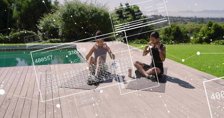 Exercising two women crunching and adjusting earbuds in sportswear on pool deck with mats and HUD....