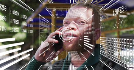 Holding phone, adult man with dark jacket over green sweater, viewing augmented data panels at park....