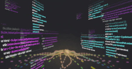 Pulsing central node and converging dotted trails filling virtual room, with floating code panels....