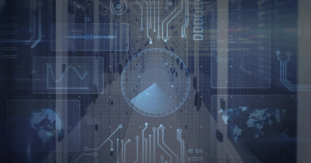 Displaying translucent circular radar HUD scanning busy concourse, showing data panels, world maps. Dataviz, analytics, surveillance, holographic, futuristic, dashboard, crowdflowの写真素材