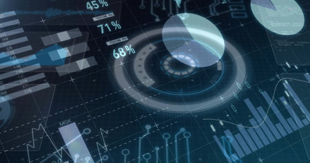 Displaying central circular HUD and translucent sphere on holo grid, showing charts and 45% 71% 68%....
