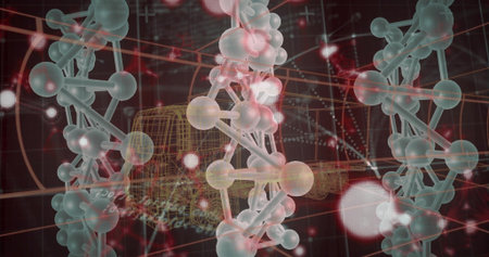 Displaying central double-helix rotating in 3D grid, with wireframe truck and glowing nodes....