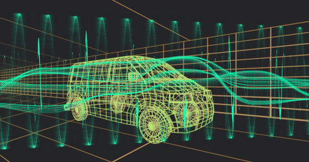 Rendering neon wireframe SUV floating in simulation space, showing teal flows and orange grid. Mesh,...