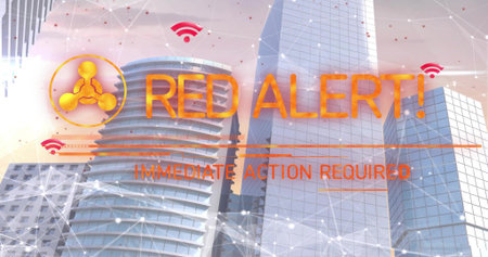 Displaying large orange RED ALERT! overlaying downtown, with curved tower and red Wi-Fi icons....